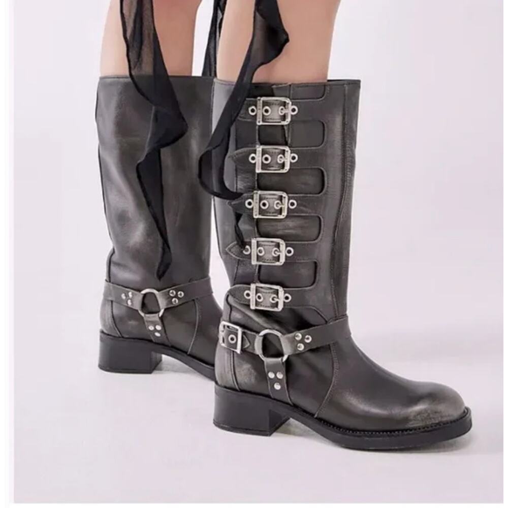 Steve Madden Black Leather Buckle Combat Boots